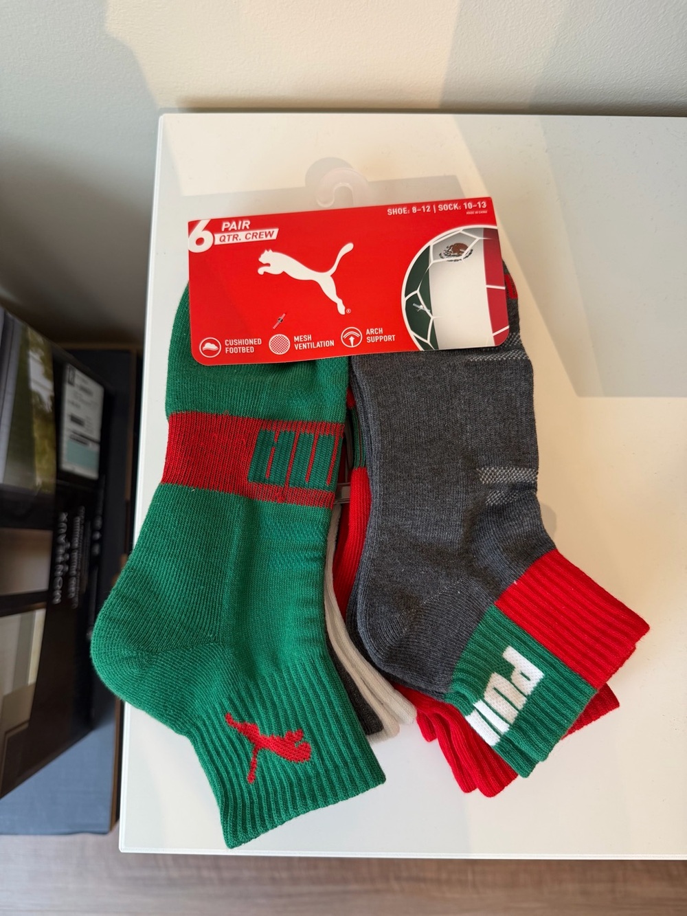 Puma‎ 6 Pair QTR Crew Mexico Soccer Team Socks Shoe Size 8-12 Sock Size 10-13